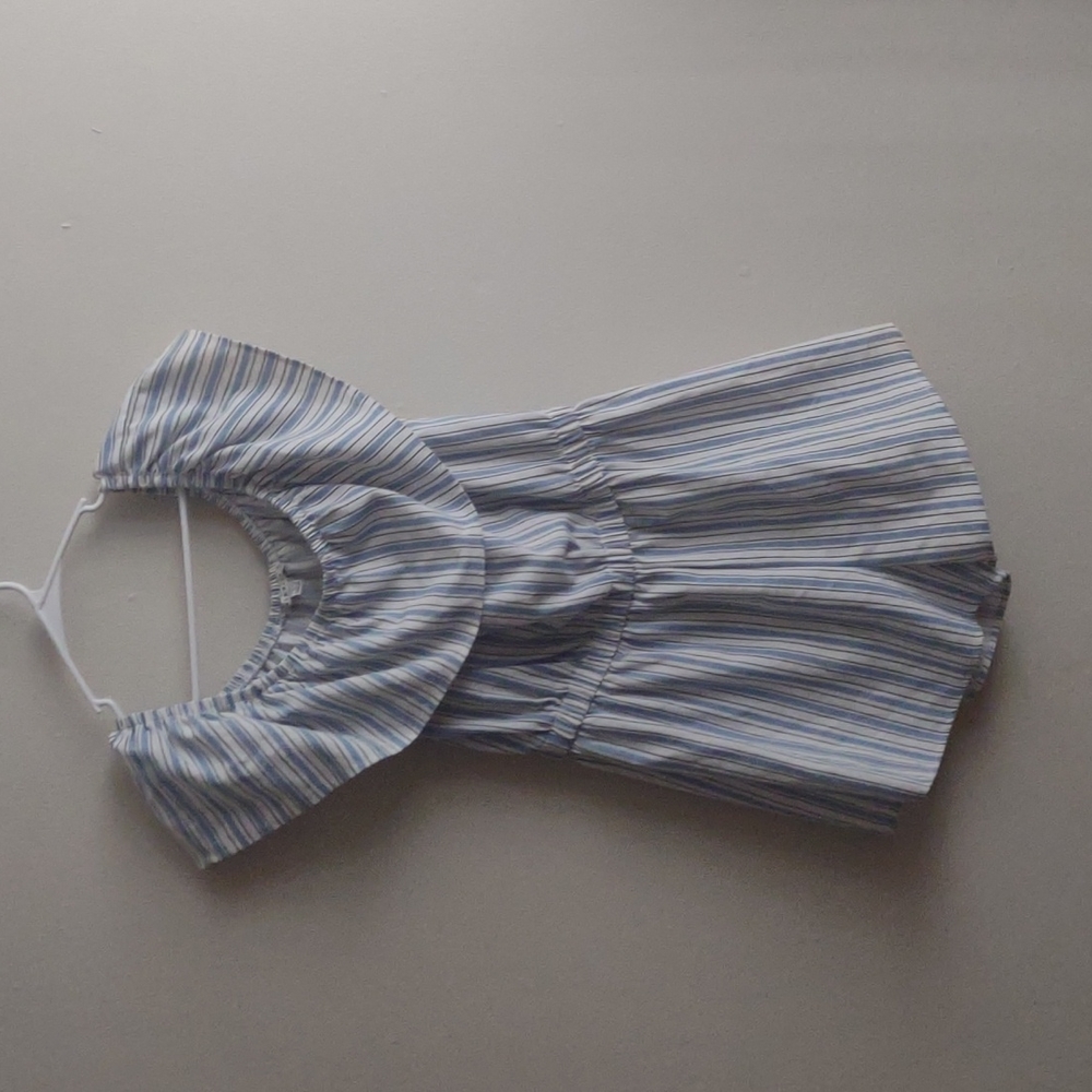 Haute Monde linen blend romper blue/black/white striped. Size L